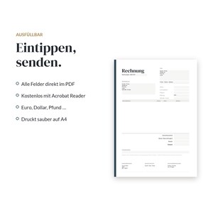 May include: A digital invoice template document with the text "Rechnung" at the top. The document features fillable fields for customer details, item descriptions, and totals, formatted for A4 printing and compatible with Adobe Acrobat Reader.