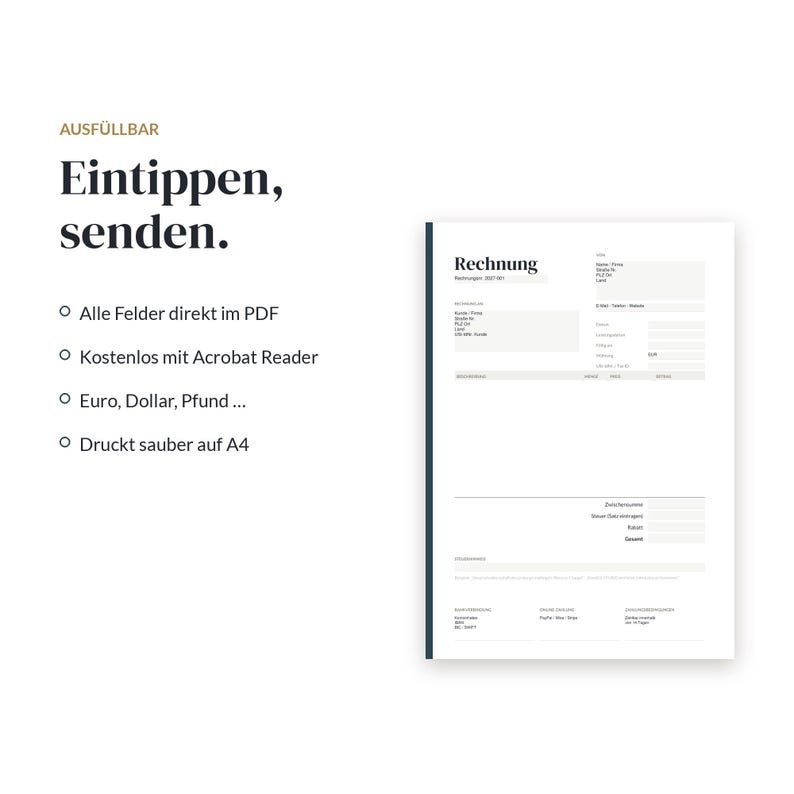 May include: A digital invoice template document with the text "Rechnung" at the top. The document features fillable fields for customer details, item descriptions, and totals, formatted for A4 printing and compatible with Adobe Acrobat Reader.