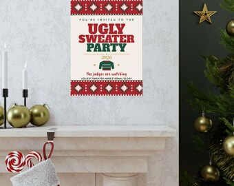 Letrero para la fiesta de suéteres feos 2026, póster de decoración para fiestas navideñas, arte mural para el concurso de suéteres navideños feos, decoraciones para fiestas navideñas.
