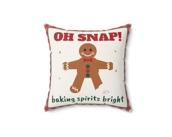 Cojín de pan de jengibre, cojín navideño brillante "Oh Snap Baking Spirits", decoración de pan de jengibre a cuadros rojos, cojín navideño divertido