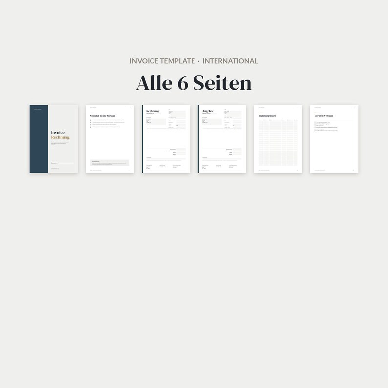 May include: A digital invoice template set consisting of six pages displayed in a row. The text reads INVOICE TEMPLATE INTERNATIONAL and Alle 6 Seiten. Each page features a clean white layout with black text, structured tables, and a dark blue vertical accent bar.