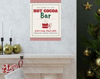 Letrero de barra de chocolate caliente, póster "Toma una taza, quédate un rato", decoración de barra de chocolate caliente, arte de pared de cocina navideña, letrero para fiesta navideña