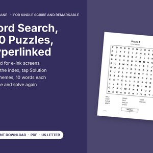 Word Search for Kindle Scribe and reMarkable 2, 100 Puzzles Hyperlinked PDF, 20 Themes with Solutions, E Ink Puzzle Book, Boox Supernote