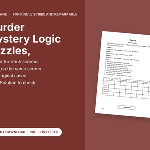 Può includere: Un documento digitale intitolato Murder Mystery Logic Puzzles per Kindle Scribe e Remarkable. La pagina mostra il Caso 1 South Gallery con un elenco di persone, stanze, oggetti, indizi e una griglia logica. Include 40 casi e un pulsante per la soluzione.