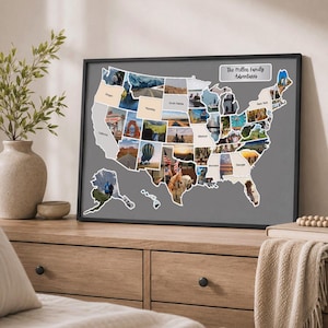 May include: A framed wall map of the United States featuring a gray background and a collage of various photographs placed within the borders of individual states. The text "The Miller family Adventures" is printed in the upper right corner.