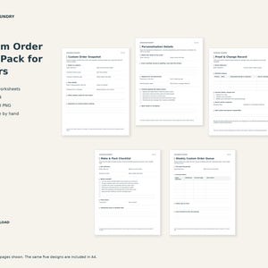 May include: A digital download pack of five custom order forms for makers, including Custom Order Snapshot, Personalization Details, Proof & Change Record, Make & Pack Checklist, and Weekly Custom Order Queue, presented in US Letter and A4 sizes.