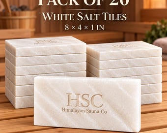 May include: A pack of 20 white salt tiles, each measuring 8 x 4 x 1 inches. The rectangular tiles feature a marbled texture and are engraved with the text HSC Himalayan Sauna Co. The tiles are stacked in two columns on a wooden surface.