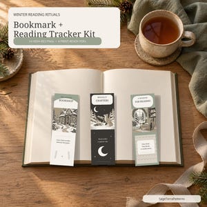 Può includere: Tre segnalibri rettangolari con illustrazioni a tema invernale e testo, tra cui The Lantern Bookshop, Moonlit Chapters e A Window for Reading, disposti su un libro aperto. Il kit include 14 file PNG ad alta risoluzione e 4 PDF pronti.