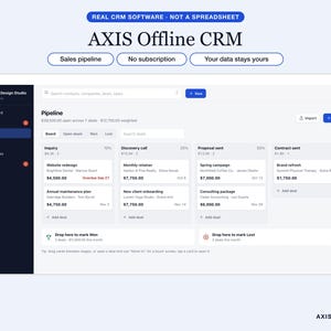 Peut inclure: Une interface numérique pour le logiciel AXIS Offline CRM affichant un tableau de bord de pipeline de ventes. L'écran présente un menu latéral sombre, une zone principale blanche avec des cartes de transactions organisées par étapes et des bannières.