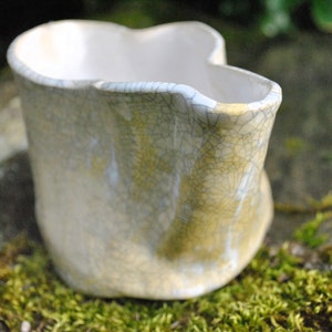 May include: A white ceramic vase with a crackled glaze and a unique, organic shape. The vase is sitting on a bed of green moss.