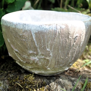May include: A white ceramic bowl with a crackled glaze and a textured surface. The bowl is sitting on a rock covered in moss.