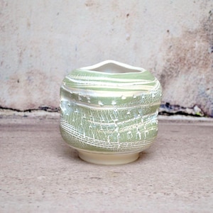 Peut inclure: Un petit pot en céramique vert avec un glaçage blanc texturé. Le pot a une forme arrondie et une large ouverture.