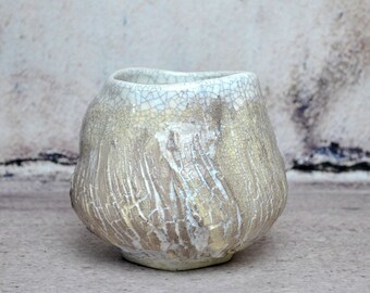May include: A white ceramic cup with a crackled glaze and a textured surface. The cup has a rounded shape and a wide opening.