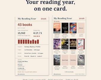 May include: A digital Google Sheets reading tracker template displayed on two cards. The left card shows 2026 reading statistics including 43 books, 15,552 pages, and ratings. The right card displays a grid of book covers with titles and star ratings.