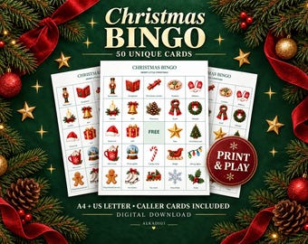 May include: A set of Christmas Bingo game cards featuring 50 unique designs with festive icons like gingerbread people, ornaments, and trees. The cards include a free space and are labelled for A4 and US Letter sizes as a digital download.