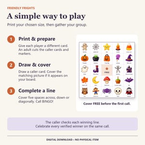 May include: A Halloween bingo game instruction sheet titled Friendly Frights. It features a 5x5 grid with colorful icons like a mummy, pumpkin, ghost, and vampire. Text explains how to print, draw, cover, and complete a line to win the game.