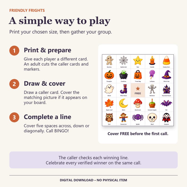 May include: A Halloween bingo game instruction sheet titled Friendly Frights. It features a 5x5 grid with colorful icons like a mummy, pumpkin, ghost, and vampire. Text explains how to print, draw, cover, and complete a line to win the game.