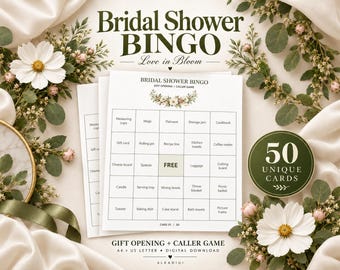 May include: A Bridal Shower Bingo game set featuring white cards with a grid of kitchen and home items, a central free space, and the text '50 UNIQUE CARDS'. The design includes floral accents and the title 'BRIDAL SHOWER BINGO Love in Bloom'.