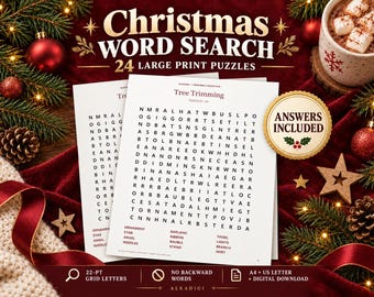 May include: A Christmas word search puzzle collection featuring 24 large print puzzles on white paper. The pages display a grid of letters and a list of holiday-themed words to find. A gold circular badge states Answers Included.