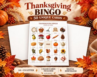 May include: A Thanksgiving Bingo game set featuring 50 unique cards. The central card displays a grid with illustrations of seasonal items like a turkey, pumpkin, and maple leaf, labeled with text. The header reads Thanksgiving Bingo.