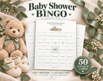 May include: A Baby Shower Bingo game set featuring white cards with a grid of baby-related items, a tan teddy bear with a green ribbon, and a circular badge stating 50 unique cards. The text reads Baby Shower Bingo A Little Joy and Gift Opening.