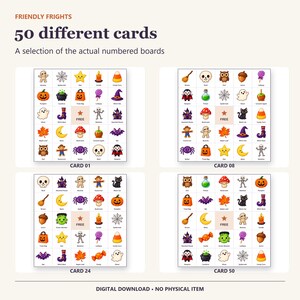 May include: A set of four bingo game cards labeled Friendly Frights, 50 different cards, and a selection of the actual numbered boards. Each card features a grid of colorful Halloween-themed icons like pumpkins, ghosts, and bats with a free space.
