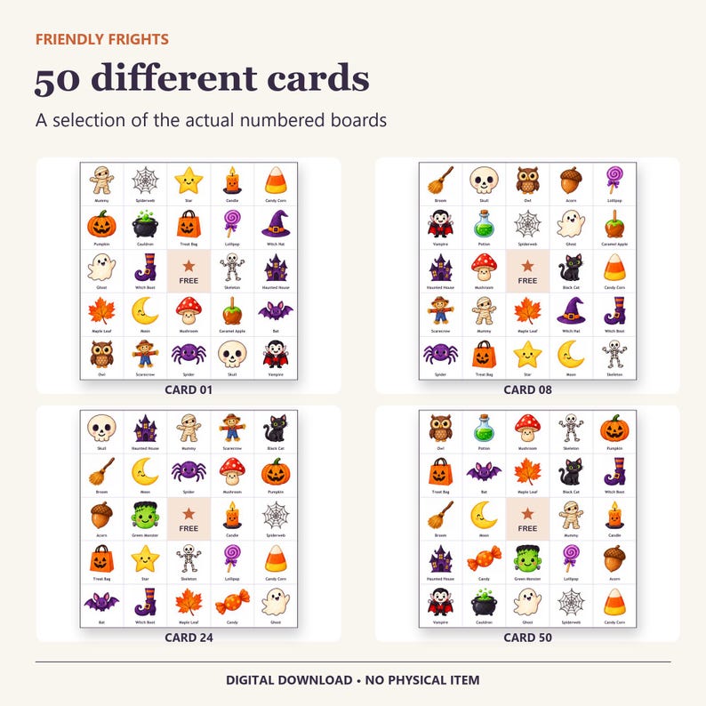 May include: A set of four bingo game cards labeled Friendly Frights, 50 different cards, and a selection of the actual numbered boards. Each card features a grid of colorful Halloween-themed icons like pumpkins, ghosts, and bats with a free space.