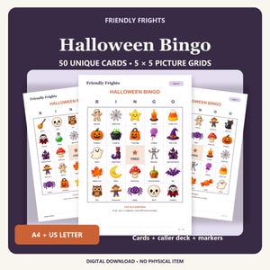 May include: A set of Halloween Bingo game cards titled Friendly Frights, featuring 50 unique cards with 5x5 picture grids. The cards include colorful illustrations of mummies, pumpkins, ghosts, and bats, with A4 and US Letter size options.