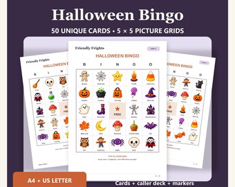 May include: A set of Halloween Bingo game cards titled Friendly Frights, featuring 50 unique cards with 5x5 picture grids. The cards include colourful illustrations of mummies, pumpkins, ghosts, and bats, with A4 and US Letter size options.