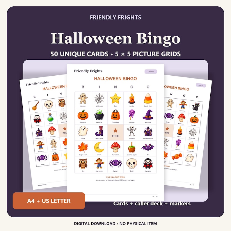 May include: A set of Halloween Bingo game cards titled Friendly Frights, featuring 50 unique cards with 5x5 picture grids. The cards include colorful illustrations of mummies, pumpkins, ghosts, and bats, with A4 and US Letter size options.