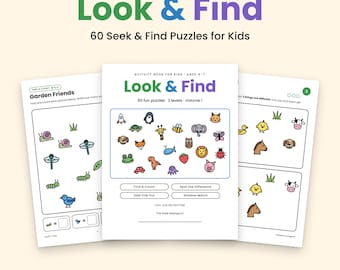 May include: A printable activity book titled Look & Find featuring 60 seek and find puzzles for kids aged 4-7. The cover and interior pages display colourful illustrations of animals, insects, and objects with text labels for various game types.