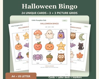 May include: A Halloween Bingo game set titled Little Pumpkin Club featuring 24 unique cards with 3x3 picture grids. The cards display cute illustrations of mushrooms, ghosts, pumpkins, stars, owls, bats, cats, and leaves with text labels.