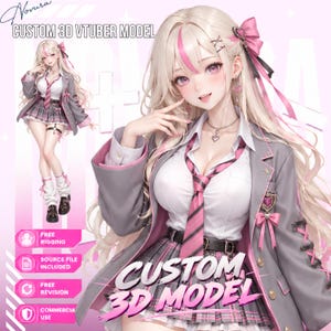 May include: A custom 3D VTuber model featuring a character with long blonde hair and pink highlights, wearing a grey blazer, white shirt, pink striped tie, and a plaid skirt. The image includes text reading Novura, Custom 3D VTuber Model, and Custom 3D Model.