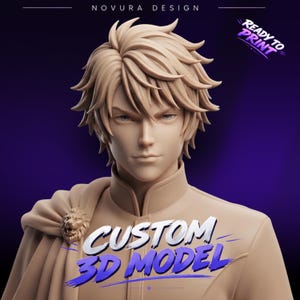 Puede incluir: Un busto de modelo 3D beige de una persona con cabello puntiagudo, que viste una prenda de cuello alto con un broche de cabeza de león en el hombro. El texto dice NOVURA DESIGN, READY TO PRINT y CUSTOM 3D MODEL.