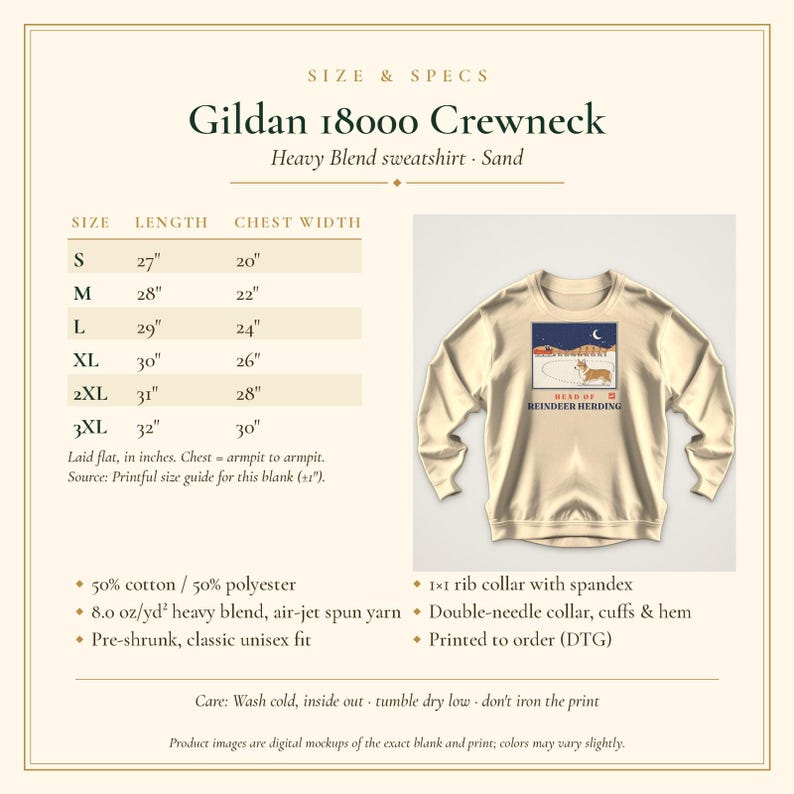 May include: A sand-colored Gildan 18000 crewneck sweatshirt featuring a graphic of a corgi in a snowy landscape with the text 'HEAD OF REINDEER HERDING'. The image includes a size chart with measurements in inches for sizes S through 3XL.