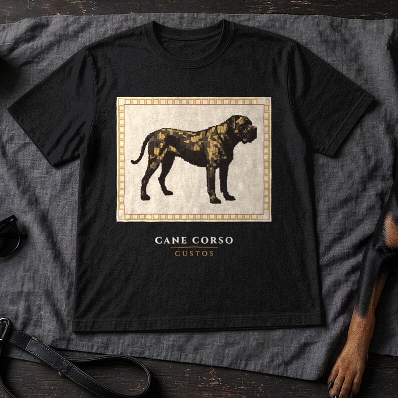 May include: A black short-sleeved t-shirt featuring a central rectangular graphic of a Cane Corso dog rendered in a mosaic style. Below the dog, the text reads CANE CORSO and CUSTOS in white and gold lettering, framed by a decorative border.