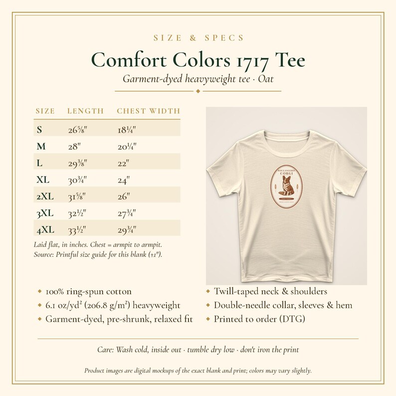 May include: An oat-colored Comfort Colors 1717 heavyweight t-shirt with a central graphic of a dog inside an oval frame. The image includes a size chart with measurements in inches for sizes S through 4XL, and lists product specifications.