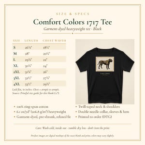 May include: A black short-sleeve t-shirt featuring a graphic of a Cane Corso dog inside a rectangular frame with the text Cane Corso below. The image includes a size chart with measurements in inches for sizes S through 4XL and product specifications.