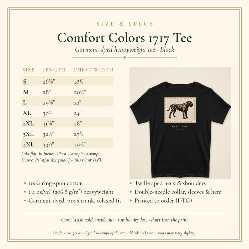 May include: A black short-sleeve t-shirt featuring a graphic of a Cane Corso dog inside a rectangular frame with the text Cane Corso below. The image includes a size chart with measurements in inches for sizes S through 4XL and product specifications.
