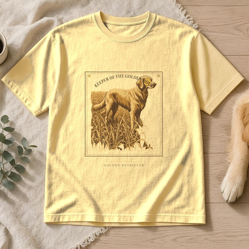 May include: A pale yellow short-sleeve t-shirt featuring a rectangular graphic print of a golden retriever standing in tall grass. The text above the dog reads KEEPER OF THE GOLDEN HOUR and the text below the dog reads GOLDEN RETRIEVER.