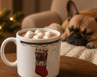 French Bulldog Christmas Mug, Silent Night Except for the Snoring, Funny Frenchie Coffee Mug, Snoring Dog Gift for Frenchie Mom Dad, 15oz