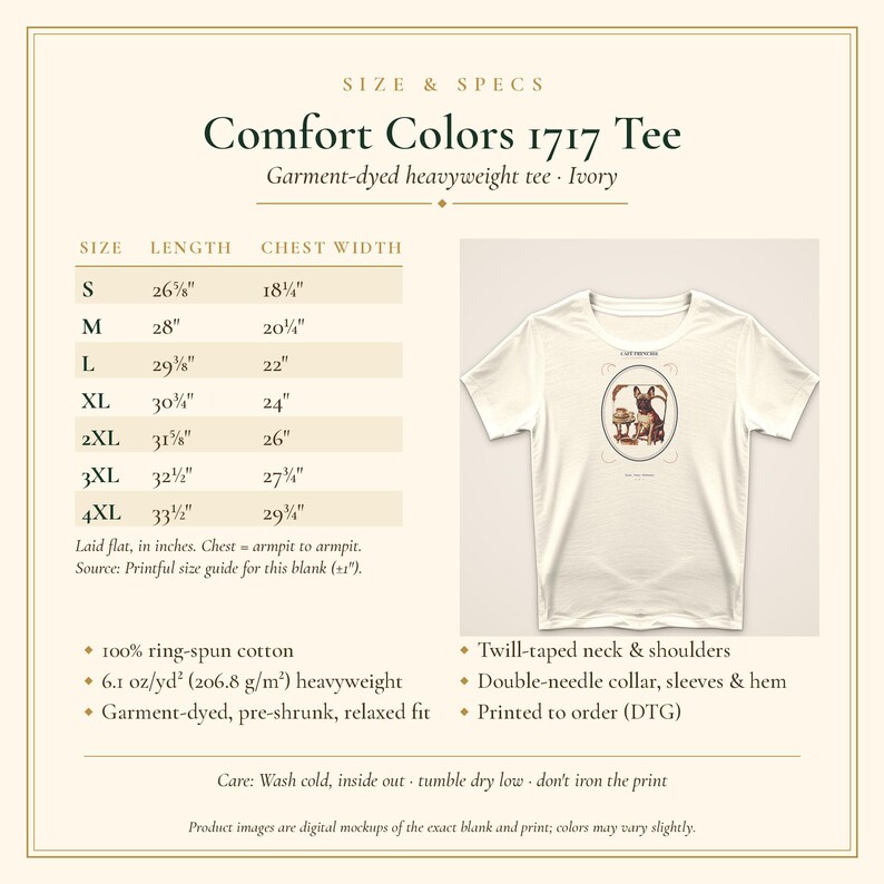 Puede incluir: Una camiseta color marfil Comfort Colors 1717 de tejido pesado con un gr&aacute;fico de un perro en un marco ovalado. La imagen incluye una tabla de tallas con longitudes y anchos de pecho en pulgadas, detalles de algod&oacute;n e instrucciones de cuidado.