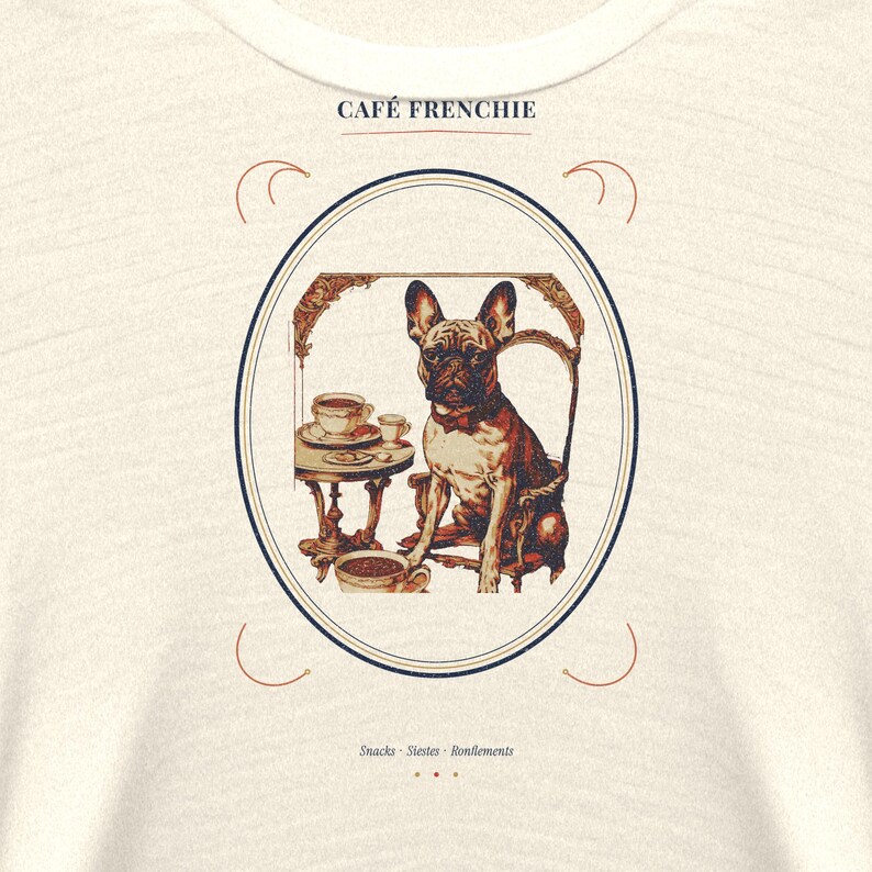 Puede incluir: Una camiseta de color crema con un gr&aacute;fico de un bulldog franc&eacute;s sentado en una silla junto a una mesa con caf&eacute; y aperitivos. El texto CAF&Eacute; FRENCHIE aparece sobre el marco ovalado y las palabras Snacks &middot; Siestes &middot; Ronflements debajo.