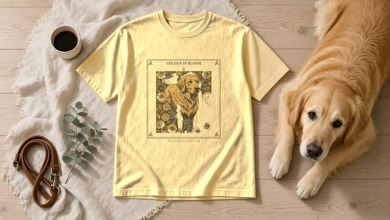 May include: A pale yellow t-shirt featuring a rectangular graphic print of a Golden Retriever dog surrounded by floral illustrations. The text "GOLDEN IN BLOOM" appears above the dog, and the words "GOLDEN RETRIEVER" are printed below the graphic.