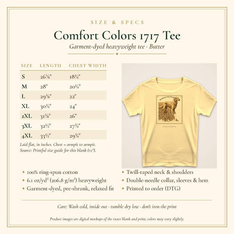 May include: A butter-colored Comfort Colors 1717 heavyweight t-shirt featuring a graphic of a Golden Retriever dog. The image includes a size chart with measurements in inches for sizes S through 4XL, fabric details, and care instructions.
