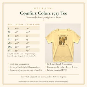 May include: A butter-colored Comfort Colors 1717 heavyweight t-shirt with a graphic print of a dog surrounded by flowers. The image includes a size chart with measurements in inches for sizes S through 4XL, and lists product specifications.