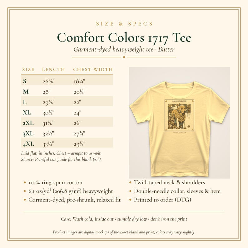 May include: A butter-colored Comfort Colors 1717 heavyweight t-shirt with a graphic print of a dog surrounded by flowers. The image includes a size chart with measurements in inches for sizes S through 4XL, and lists product specifications.