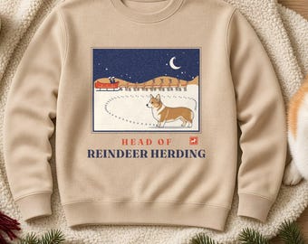 Corgi Christmas Sweatshirt, Head of Reindeer Herding Funny Pembroke Corgi Crewneck, Herding Dog Holiday Gift for Corgi Mom or Dad