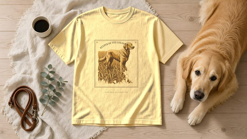 May include: A pale yellow short-sleeve t-shirt featuring a dark brown rectangular graphic print of a dog standing in tall grass. The text above the dog reads KEEPER OF THE GOLDEN HOUR and the text below the dog reads GOLDEN RETRIEVER.