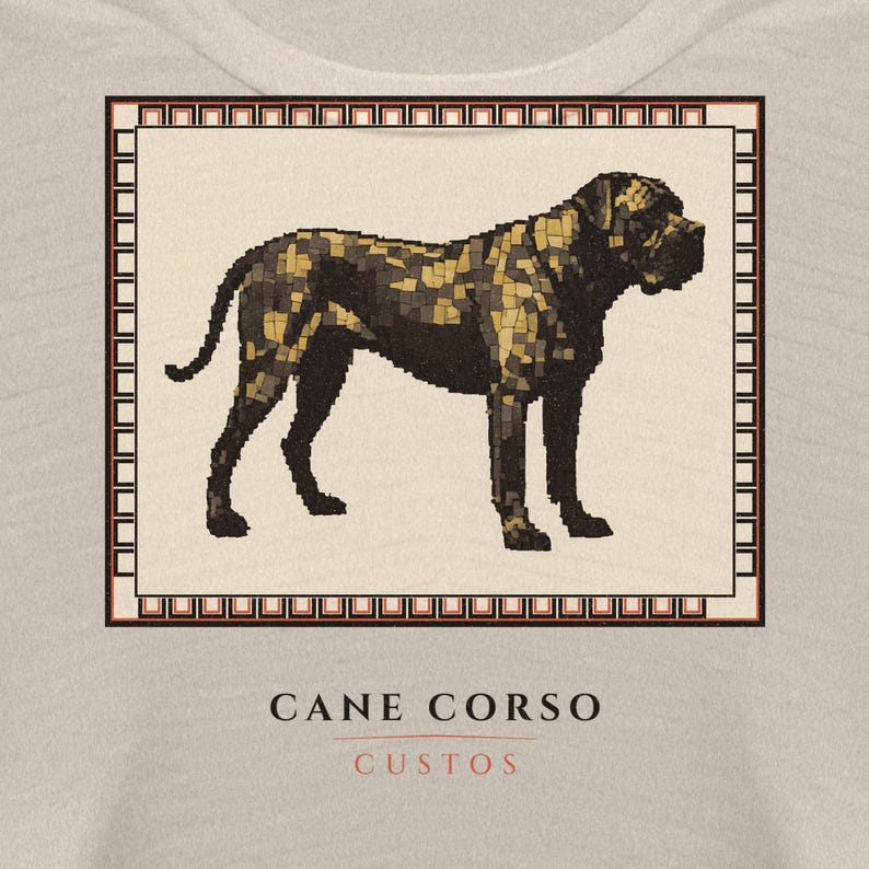 May include: A light beige t-shirt featuring a rectangular graphic of a Cane Corso dog rendered in a mosaic style with black and gold tones. The dog is framed by a geometric border. Below the graphic, the text reads CANE CORSO and CUSTOS.